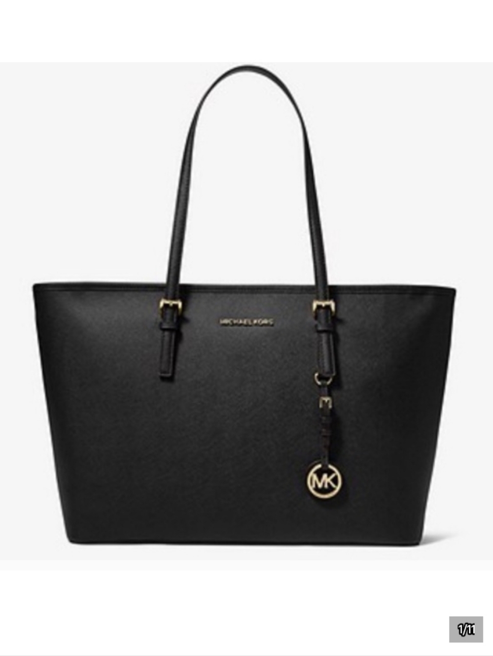 Michael Kors Jetset Jet Set Medium Black Leather Tote Shoulder Bag Gold Hardware - Picture 1 of 8